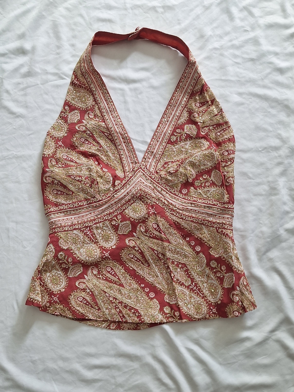 VINTAGE Y2K The Limited Maroon And Cream Paisley With Sequins Womens Halter S - Picture 2 of 7